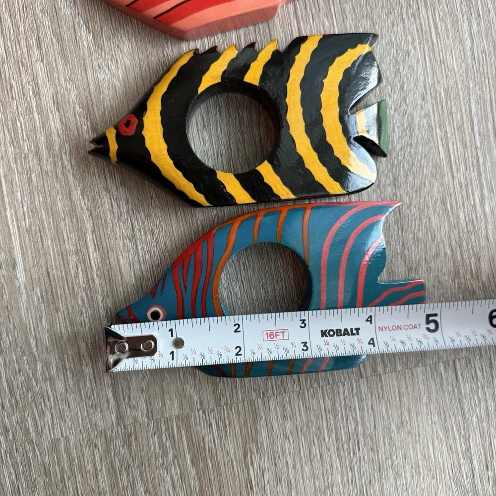 Set of 3 VTG Hand Carved Wooden Tropical Fish Napkin Rings Beach Coastal Decor